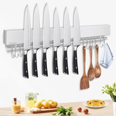 Imagem de Pailexin Suporte de faca magnético de 50,8 cm com 10 ganchos, tira magnética sem faca de perfuração e gancho de utensílio para parede. Suporte de ímã de faca poderoso inclui fita e parafuso