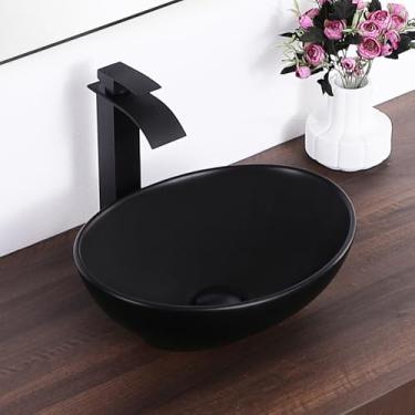 Imagem de KARAMAG Pia de vaso oval 40,6 cm x 33 cm Pia de banheiro moderna em forma de ovo acima do balcão de cerâmica preta fosca pequena pia pia pia pequena pias para banheiros