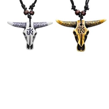 Imagem de coadipress 2 PCS Colares com pingente de cabeça de boi boêmio para mulheres e homens vintage touro cabeça de touro colar étnico gravata de couro de cowboy ocidental cordão cordão pingente colar férias