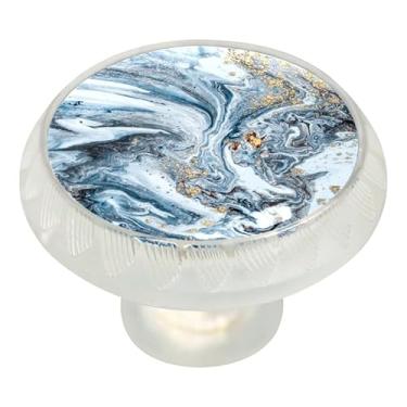 Imagem de LORVIES 4 puxadores transparentes para armário, puxador redondo de vidro decorativo para armário de cozinha, gaveta de cômoda, puxadores de porta de armário para casa, quarto, banheiro, 3,5 cm (azul, cinza, dourado)