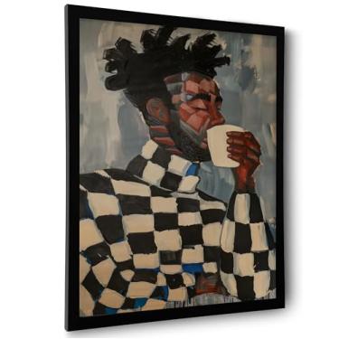 Imagem de Arte de parede em tela afro-americana emoldurada preto e chiquinho pessoas pintura abstrata imagens decoração de parede moda moderno homem negro bebendo café impressões para cozinha quarto cena