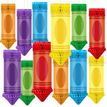 Imagem de Retisee 12 peças de lápis de cera para pendurar favo de mel de volta às aulas decorações de sala de aula, papel de seda, giz de cera para pendurar, favo de mel, decoração de festa no primeiro dia (cor