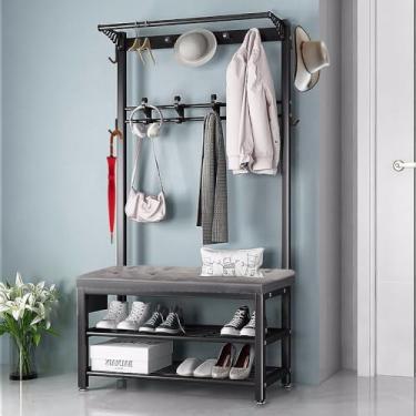 Imagem de Cabideiro Independente Resistente Com Sapato Beh Industrial Hall Tree Com Armazenamento De Sapatos Cabide De Cama Com Ganchos Fácil De Montar Para Entrada Corredor Sala De Estar Q, Black Gray, 100cm