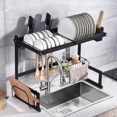 Imagem de Escorredor de Louça Suspenso 2 Andares Inox Preto 65cm com Porta Talheres e Suporte para Pratos, Copos e Utensílios – Organizador de Pia Ajustável e Resistente
