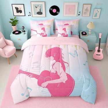 Imagem de Conjunto de edredom para meninas, 7 peças, rosa, música, guitarra, tamanho Queen, com glitter, moderno, para presente para irmãs amigas, conjunto de cama com edredom, lençóis, fronhas e capa de