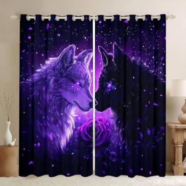 Imagem de Cortinas de janela de lobo selvagem, tratamentos de janela de cozinha com tema amor de animais de casal lobo, romântico, rosa, floral, roxo, galáxia, para decoração de casa, 2 painéis, 106 cm L x 150
