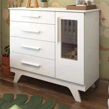 Imagem de Cômoda Infantil Retrô 1 Porta Com Janela E 4 Gavetas Branco Brilho - Móveis Peroba