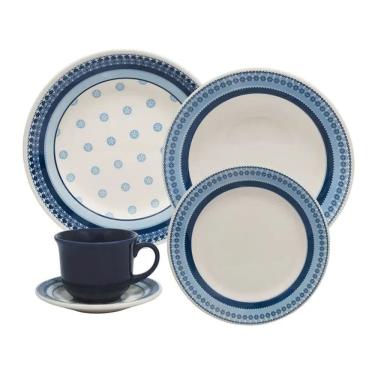 Imagem de Aparelho de Jantar e Chá 20 Peças Biona Donna Cerâmica Branco e Azul - Usa em Micro-ond...