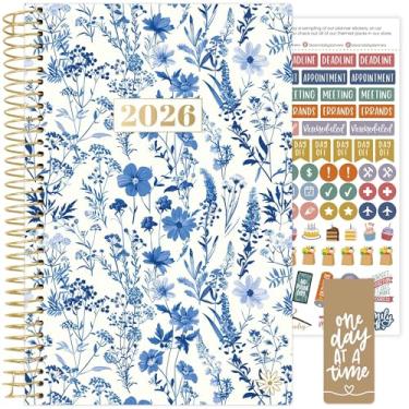 Imagem de bloom daily planners Agenda 2026 (janeiro a dezembro) Organizador de ano calendário - 14 cm x 21 cm - Agenda semanal e mensal com adesivos e marcador de página - floral azul e branco