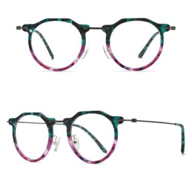 Imagem de VFDHN Armação de óculos de acetato de titânio feminino vintage retrô redondo masculino (verde roxo C3)