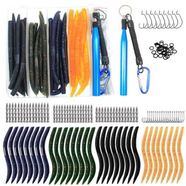 Imagem de Lilureena Kit de isca maluca de pesca com 133 peças, minhoca Wacky Senko, ganchos para minhocas, anéis de vedação malucos, iscas artificiais para robalo, truta, salmão, walleye, caixa de equipamentos