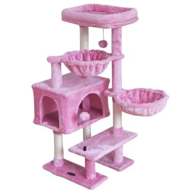 Imagem de KIYUMI Condomínio de torre para gatos com haste de sisal para arranhar gatos em ambientes internos, móveis para gatos com rede e poleiro e bola de gatinho, centro de atividades para animais de