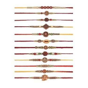 Imagem de Conjunto de 12 Rakhi com design diferente, linha Rakhi, Rakhi para irmão, irmã, Bhaiya, Bhabhi, várias contas, cores sortidas