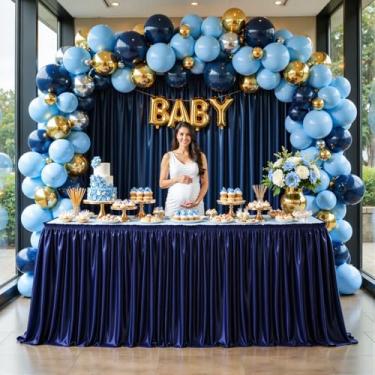 Imagem de Wish Care Saia de mesa de cetim azul marinho de 2,7 m para mesas retangulares, saias de mesa com glitter, sem rugas, toalha de mesa plissada, para casamento, aniversário, chá de bebê, festa, banquete