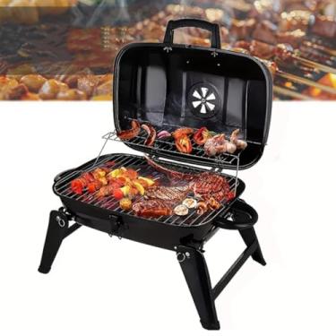Imagem de Cozinha ao ar livre Camping churrasqueira, churrasqueira de mesa com revestimento de esmalte e pernas dobráveis, churrasqueira compacta para tailgating