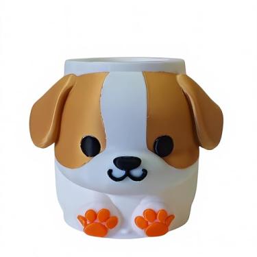 Imagem de HAMLLJTOGEFR Porta-lápis com tema de cachorro com design facial alegre - copo organizador de mesa branco fofo para canetas, marcadores e material escolar (11,4 cm x 10,7 cm x 9 cm)