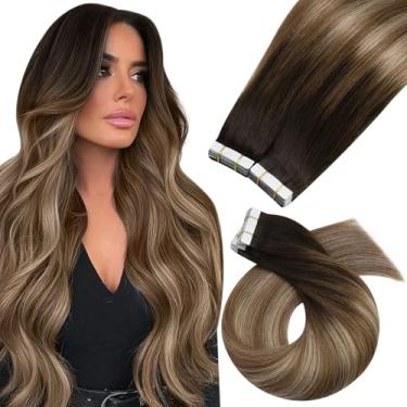 Imagem de Moresoo Extensões de cabelo castanho com fita adesiva para cabelo humano em extensões balayage marrom e loiro cola grossa longa em extensões cabelo humano sedoso liso 40 peças 100 g 61 cm