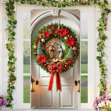 Imagem de BlissYard Capa de porta de Natal para presépio de inverno, guirlanda de presépio para decoração de porta de Natal, faixa religiosa de Natal, 178 x 89 cm, exibição festiva de boas-vindas para porta da