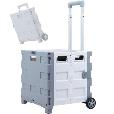 Imagem de Carrinho de compras dobrável com rodas, carrinho de plástico com 2 rodas e tampa, carrinho portátil com alça telescópica para armazenamento de compras e viagens