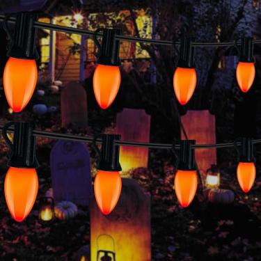 Imagem de Cordão de luzes de Halloween ao ar livre, corda de luzes vintage de 6 m com lâmpadas de cerâmica laranja de 26 C9, luzes penduradas à prova d'água para decoração de festa interna ao ar livre