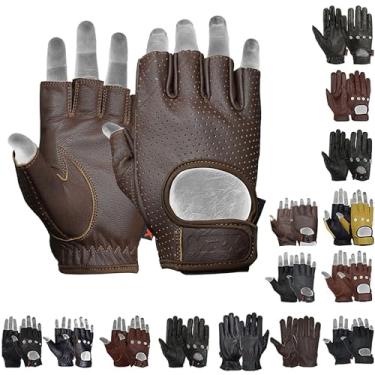 Imagem de MRX BOXING & FITNESS Luvas masculinas básicas de couro de cabra macio, sem dedos, respirável, motociclista, ciclismo, tiro, meio dedo, alça marrom (pequena)