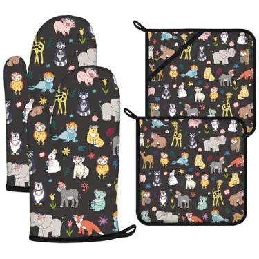 Imagem de Conjunto de luvas de forno e suportes de panela de animais fofos, 4 peças, luvas de forno extralongas para cozinha, cozinhar, assar, churrasco, 100% algodão, resistente ao calor
