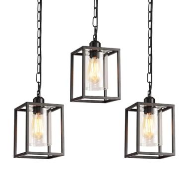 Imagem de IHENGYANLT Pacote com 3 lâmpadas pendentes de casa de fazenda, luminária suspensa com moldura de metal preta com sombra de vidro transparente, correntes ajustáveis, mini iluminação pendente industrial