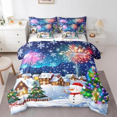 Imagem de Erosebridal Jogo de cama de casal de fogos de artifício, 7 peças, desenho animado de boneco de neve, céu estrelado, floco de neve, edredom com edredom, árvore de Natal, decoração de Natal