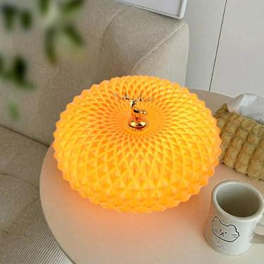 Imagem de WOSBO Candeeiro de rosquinha, candeeiro de mesa laranja de 30 cm com abajur de textura geométrica de vidro e estatueta de chifre, candeeiro de mesa de cabeceira moderno de meados do século para mesa