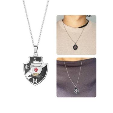 Imagem de Colar Cordão 55Cm Prata Unissex Pingente Time Vasco Aço Inox Premium -