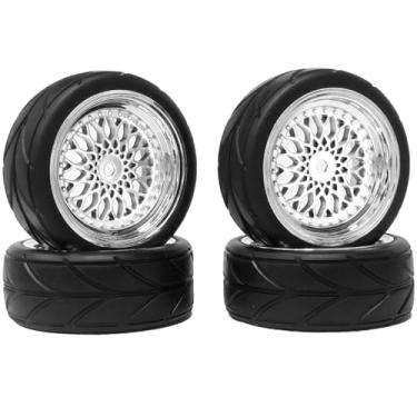 Imagem de WONFAST 4PCS 64mm Rubber Tires and Plastic Wheel Rims Set 12mm Hex Replacement Part for Sakura Tamiya TT02 HPI HSP Kyosho 1/10 RC On Road Run-flating Touring Racing Car Tyre(Silver,Offset:6MM)
