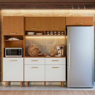 Imagem de Cozinha Compacta 7 Portas 2 Gavetas com Paneleiros Duplo Maia Freijó/Off White