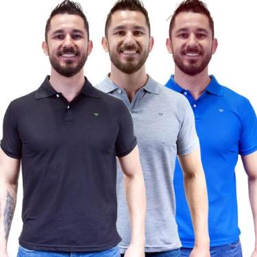 Imagem de Kit 3 Camisas Gola Polo Masculina Piquet Lisa Camisaria Colombo, Preto