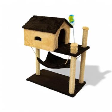 Imagem de Casinha para Gatos com Arranhador Integrado 84cm - Refúgio Aconchegante + 3 Postes de Sisal - Rede de Pelúcia e Brinquedos Inclusos - Kit Completo (Marrom)