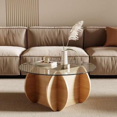 Imagem de Honyee Mesa de centro redonda de vidro, mesa de centro pequena de 78 cm com tampo de vidro temperado e base de grão de madeira, mesa de centro circular moderna para sala de estar, fácil montagem
