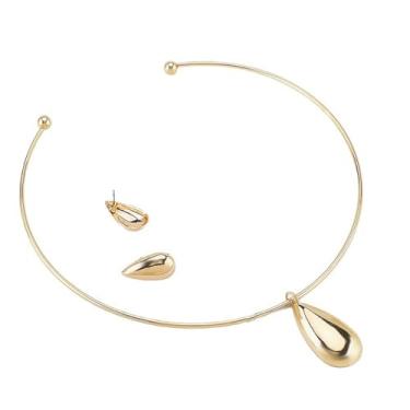 Imagem de Vanesseva Pingente de gota banhado a ouro gargantilha de punho aberto para mulheres - colar e brincos minimalistas, conjunto de pulseiras, joias modernas casuais simples africanas, Liga de cobre, Sem