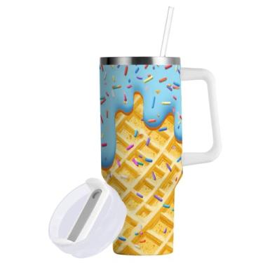 Imagem de Copo com alça e tampa de palha, sorvete waffle azul 850 g copo de café isolado garrafa de água de aço inoxidável caneca de viagem porta-copos, presentes para mulheres e homens