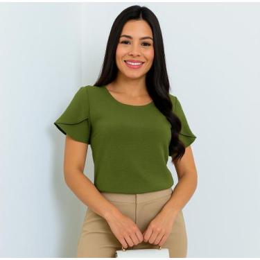 Imagem de Blusa Social Manga Curta Tulipa Feminina Lisa em Crepe Duna - MADALIH 