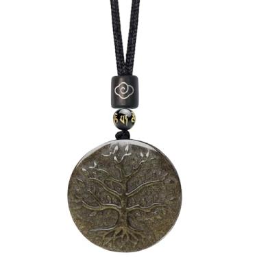 Imagem de LERSUSI Colar com pingente de árvore da vida com pedra preciosa natural, obsidiana preta/obsidiana dourada para mulheres e homens, corda preta, 26 in, Pedra, Obsidiana Obsidiana Obsidiana com brilho