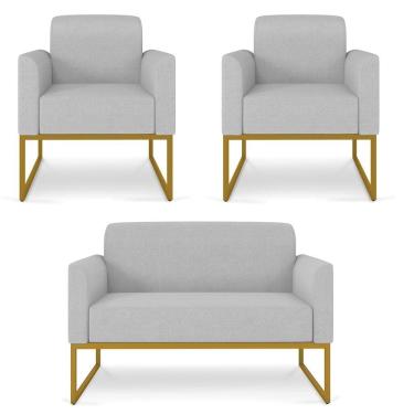 Imagem de Kit Namoradeira e 2 Poltronas Decorativas Base Industrial Dourada Maressa A05 Linho Cinza Claro - Ibiza