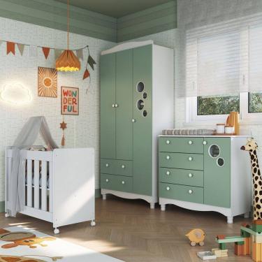 Imagem de Quarto de Bebê Completo Aquarela 4 em 1 com Colchão Carvalho Verde/Branco - Pnr Móveis