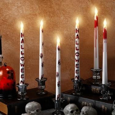 Imagem de Kittmip 6 peças de velas afuniladas sem chamas de Halloween 28 cm de comprimento, vermelho, branco, operado por pilhas, velas de LED sangrentas, mesa assombrada, centro de mesa para decoração de mesa