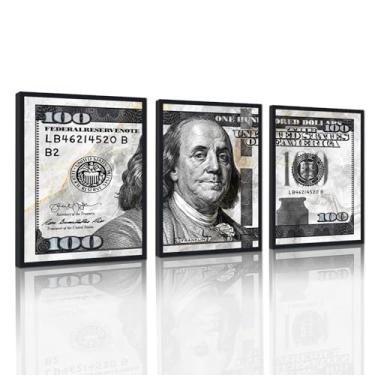 Imagem de Arte de parede em tela preta e branca Benjamin Franklin Pintura de dinheiro de 100 dólares 3 painéis para decoração de casa, sala de estar, escritório, corredor, impermeável, uso interno, moldura