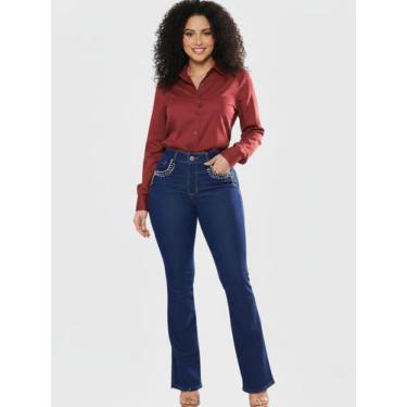 Imagem de Calça Feminina Flare Jeans Escuro com Strass ao Redor do Bolso - Pthir