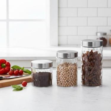 Imagem de Kit 3 Potes De Vidro Com Tampa Inox Ótima Vedação Para Comida Mantimen