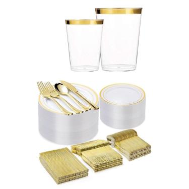 Imagem de Kit Copo Prato Talher Descartável Luxo 60 Convidados - Gold