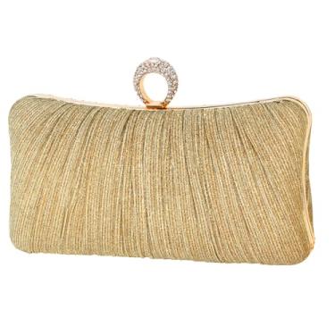 Imagem de Bolsa clutch feminina dourada com purpurina, plissada, para festa de casamento nupcial com anel de strass, Dourado