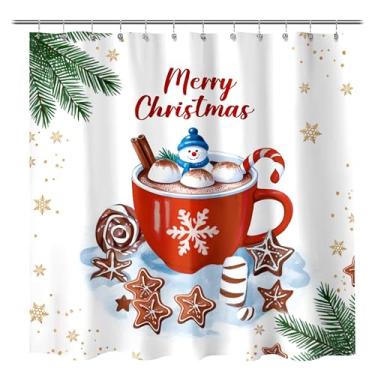 Imagem de Sunlit Cortina de chuveiro de Natal, caneca vermelha, cacau quente com boneco de neve, marshmallows e biscoitos de gengibre, cortina de chuveiro de tecido de banheiro festivo de cena de feriado