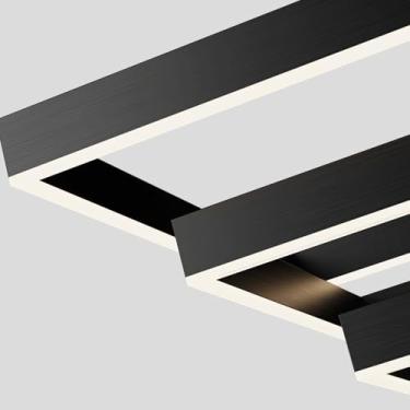 Imagem de Lustre de escada, lustre LED minimalista moderno, retangular regulável, 2/3 anéis, preto, com altura ajustável, luminária pendente LED de luxo para teto alto, sala de estar, quarto, D