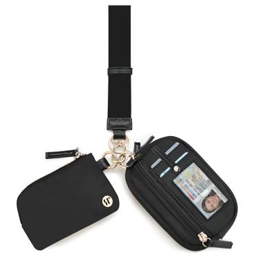 Imagem de Sunpour Carteira feminina de náilon, porta-chaves de bolsa dupla com janela para identidade, bolsa de moedas e alça de pulso para viagens, Preto, dourado, Small, Carteira de pulso com bolsa dupla